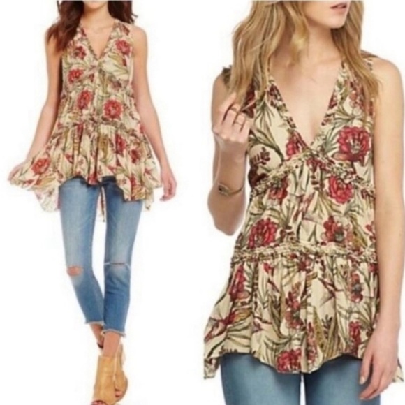 NWOT Free People Haze XS Tiered Tunic Tank Top Blouse Floral New $88 retail - Picture 3 of 7